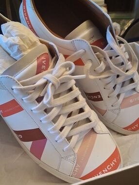 Givenchy White Leather Sneakers with Coral and Pink Panels